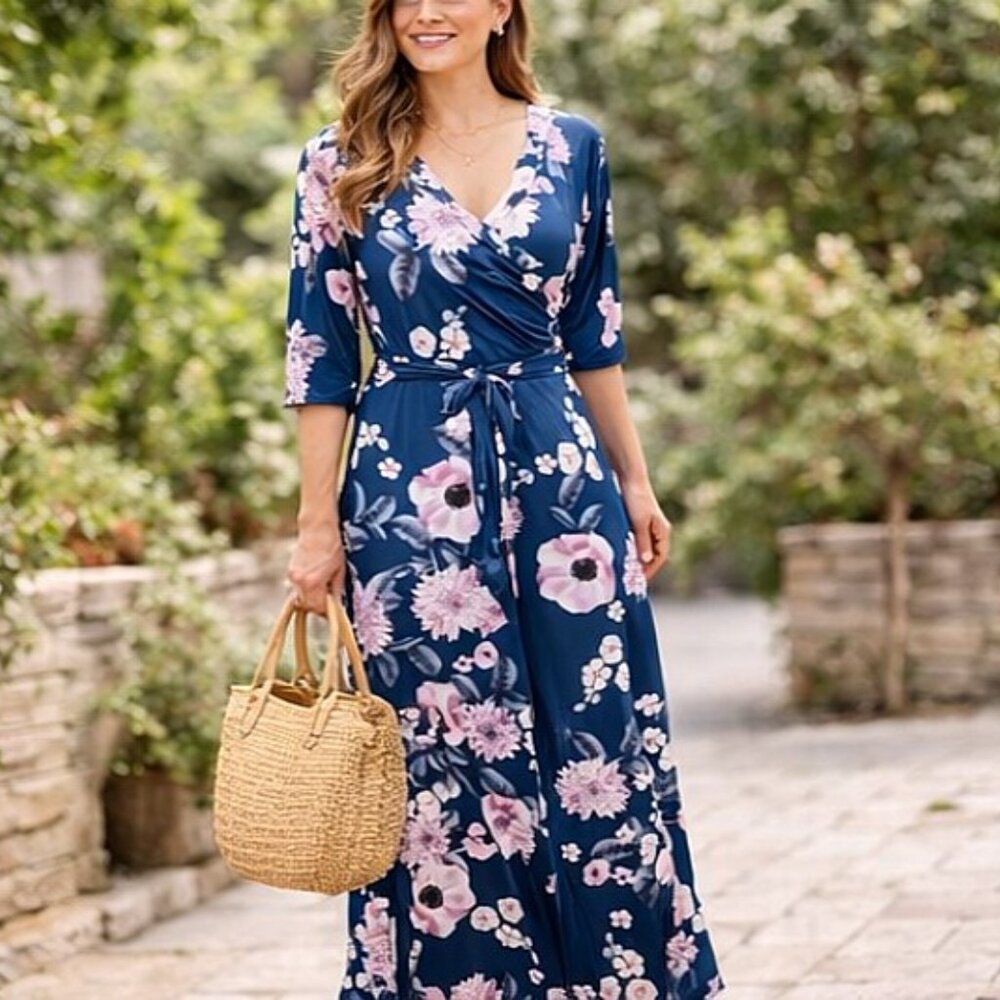 Women's Floral Wrap V Neck Maxi Dress Tie Waist Blue 1/2 Sleeves Size M - Picture 6 of 7